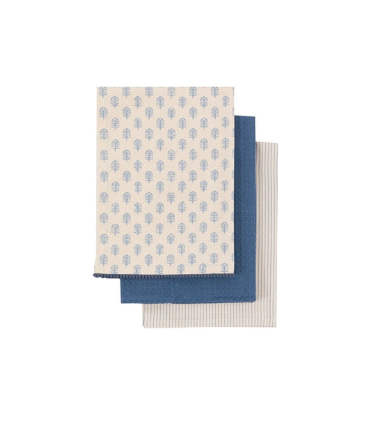 Floral Stamp Tea Towel 3pk Blue