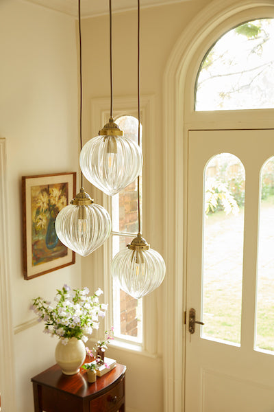 Whitham 3 Light Cluster Pendant Antique Brass and Ribbed Glass