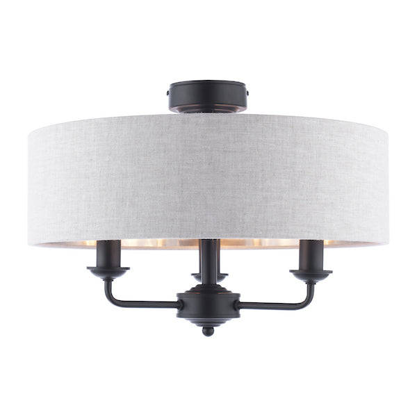 Laura Ashley Sorrento 3 Light Semi-Flush Matt Black with Natural Shade