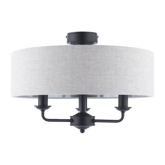 Laura Ashley Sorrento 3 Light Semi-Flush Matt Black with Natural Shade