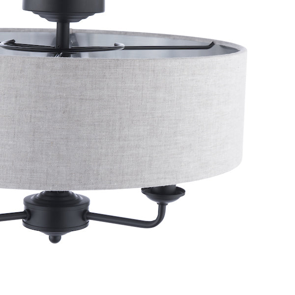 Laura Ashley Sorrento 3 Light Semi-Flush Matt Black with Natural Shade