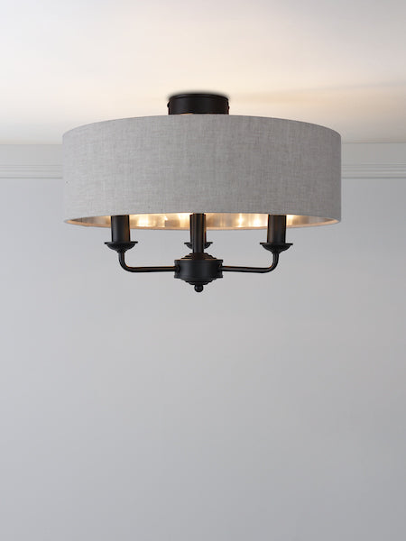 Laura Ashley Sorrento 3 Light Semi-Flush Matt Black with Natural Shade