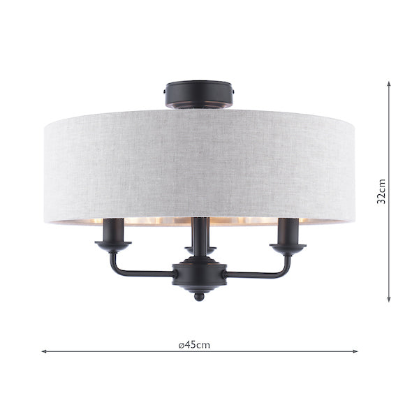 Laura Ashley Sorrento 3 Light Semi-Flush Matt Black with Natural Shade