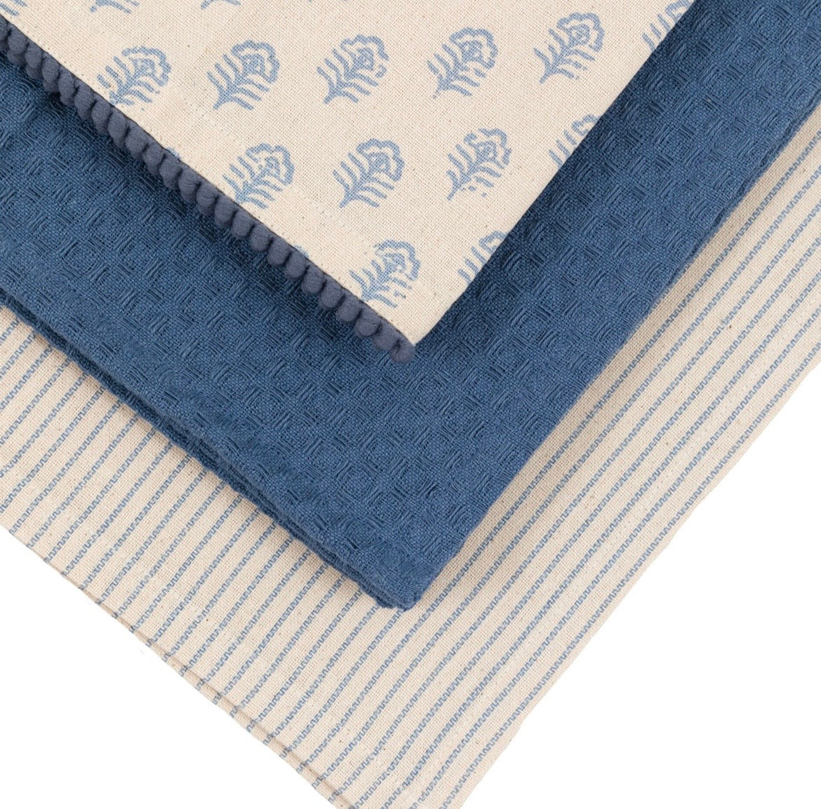 Floral Stamp Tea Towel 3pk Blue