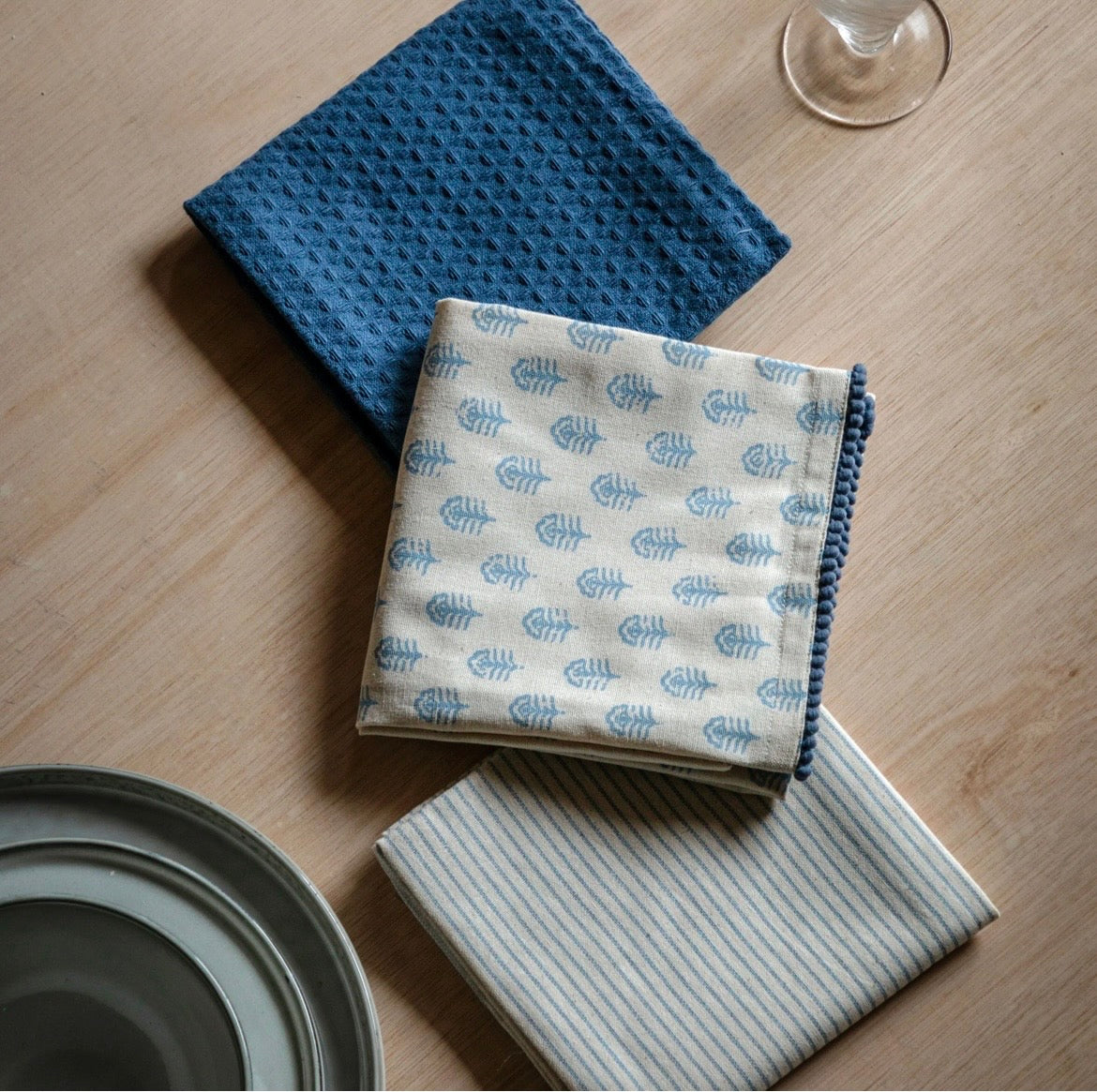 Floral Stamp Tea Towel 3pk Blue