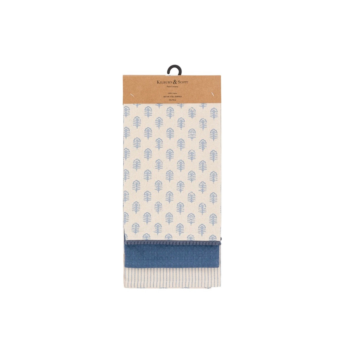 Floral Stamp Tea Towel 3pk Blue