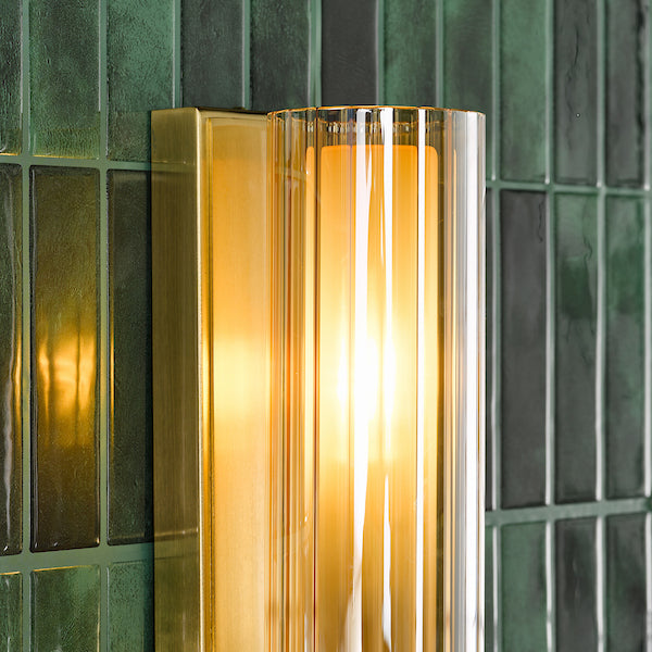 Bevin Bathroom Wall Light Natural Brass & Amber Ribbed Glass