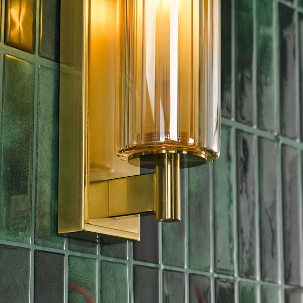 Bevin Bathroom Wall Light Natural Brass & Amber Ribbed Glass