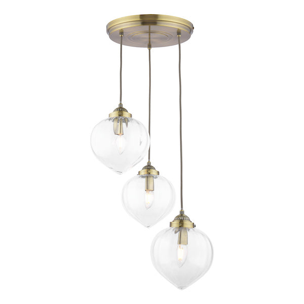 Whitham 3 Light Cluster Pendant Antique Brass and Ribbed Glass