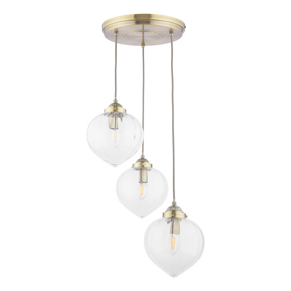 Whitham 3 Light Cluster Pendant Antique Brass and Ribbed Glass