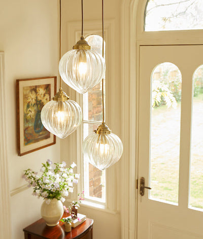 Whitham 3 Light Cluster Pendant Antique Brass and Ribbed Glass