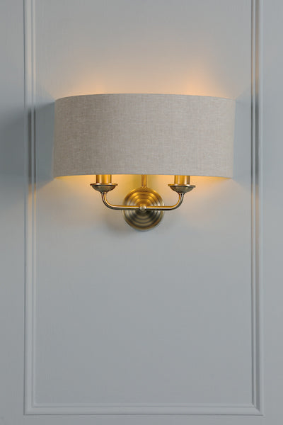 Sorrento 2 Light Wall Light Antique Brass With Natural Shade