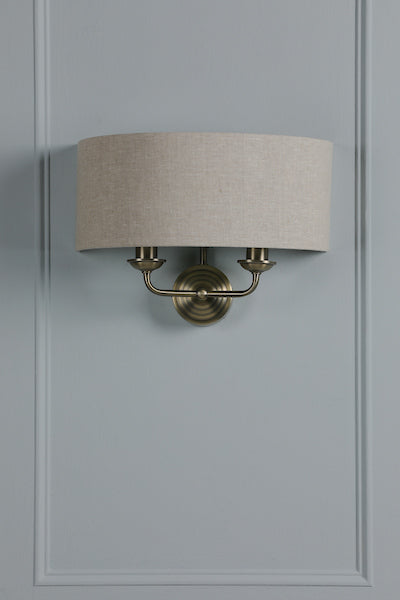 Sorrento 2 Light Wall Light Antique Brass With Natural Shade